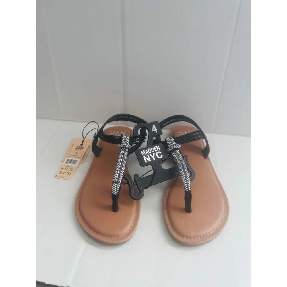 Madden NYC Girls' Black Rhinestone T-Strap Sandals